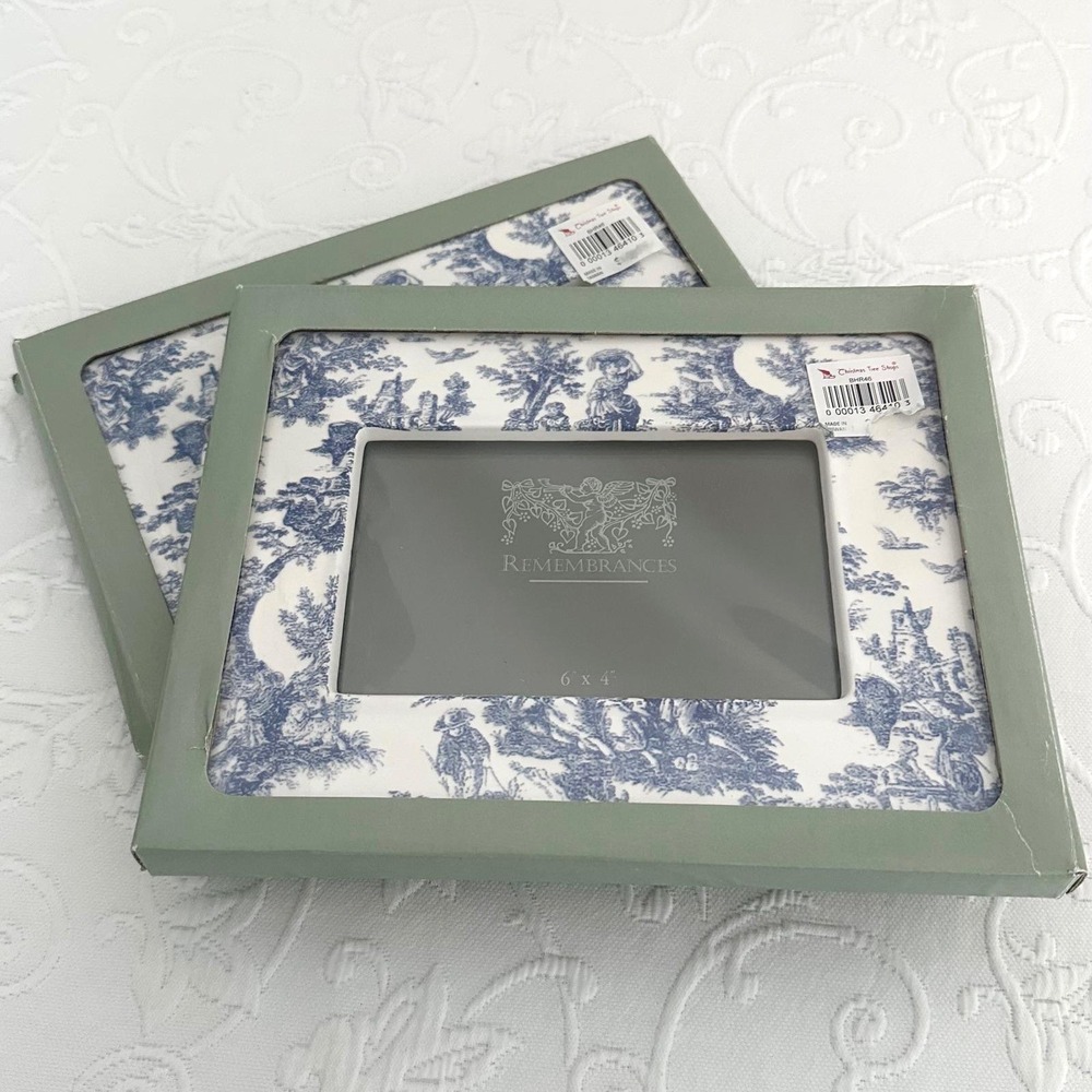 2 Vintage 90s Blue White Toile du Jouy 4x6 Picture Frames Cottagecore New